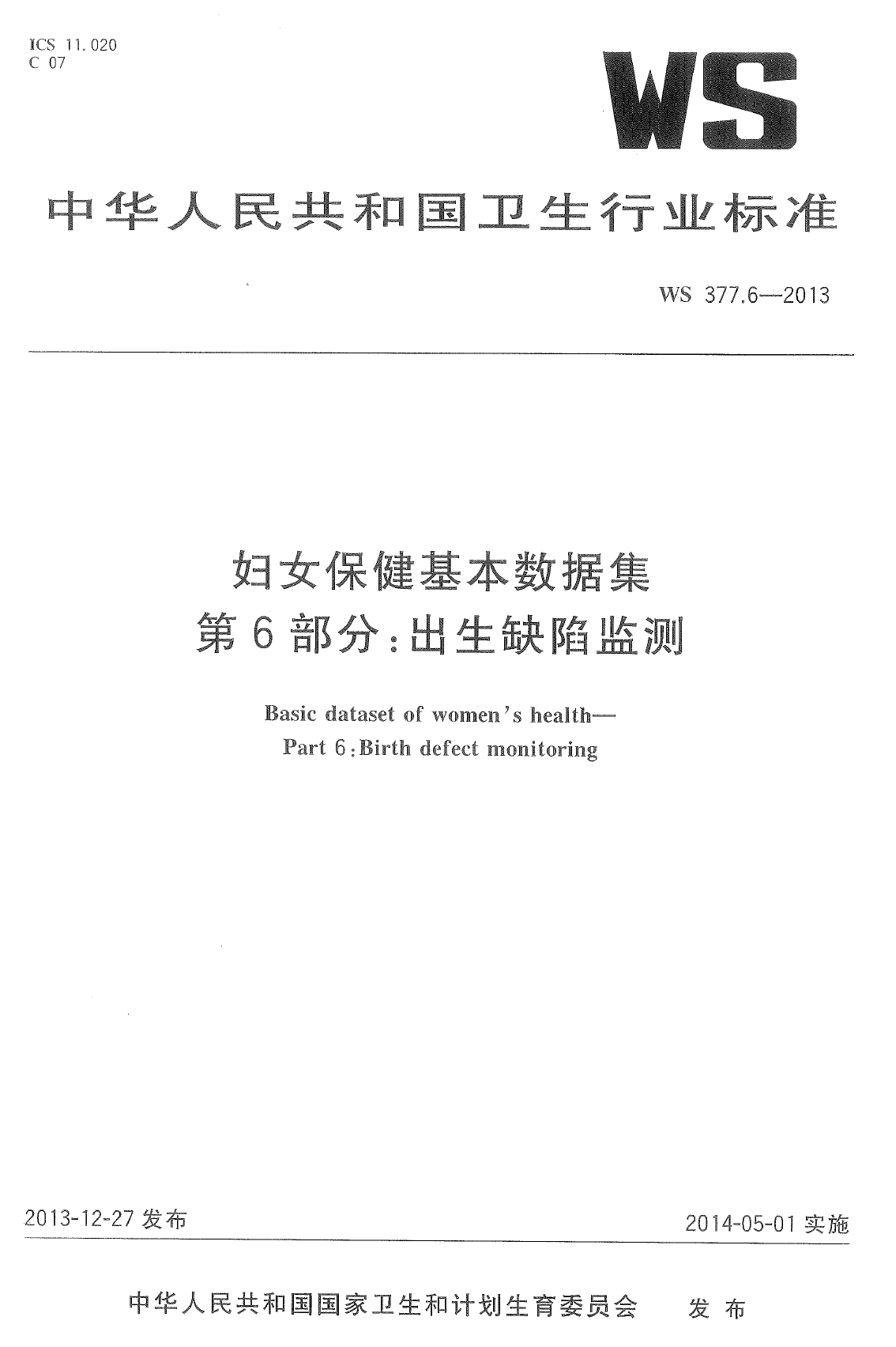 WS377.6-2013妇女保健基本数据集 第6部门：出生缺陷监测 